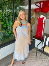 Load image into Gallery viewer, Britton Stripe Flowy Midi Dress- Light Blue/Tan

