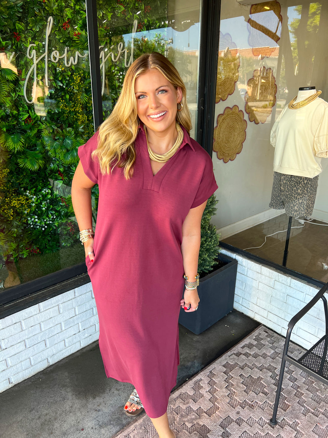 Louise Luxe Soft Collared Midi Dress-Burgundy