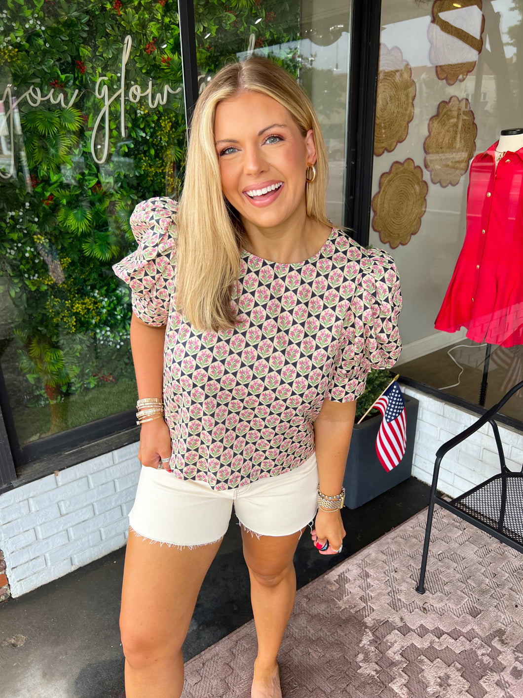 Rachael Floral Printed Puff Sleeve Top- Navy