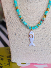 Load image into Gallery viewer, Rondelle Beaded Fish Pendant Necklace -Turquoise/Cream
