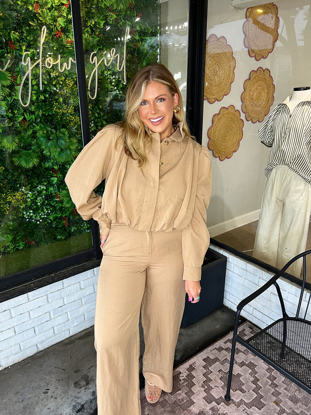 Kaye Pleated Bubble Jacket Pant Set- Tan