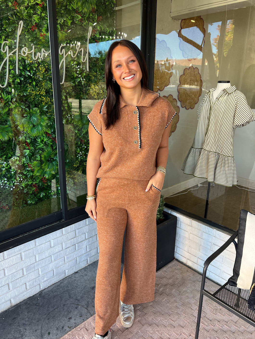 Shelby Knit Stitched Detail Pant Set - Camel