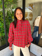 Load image into Gallery viewer, Erica Plaid Button Up Ruffle Neck Top -Red
