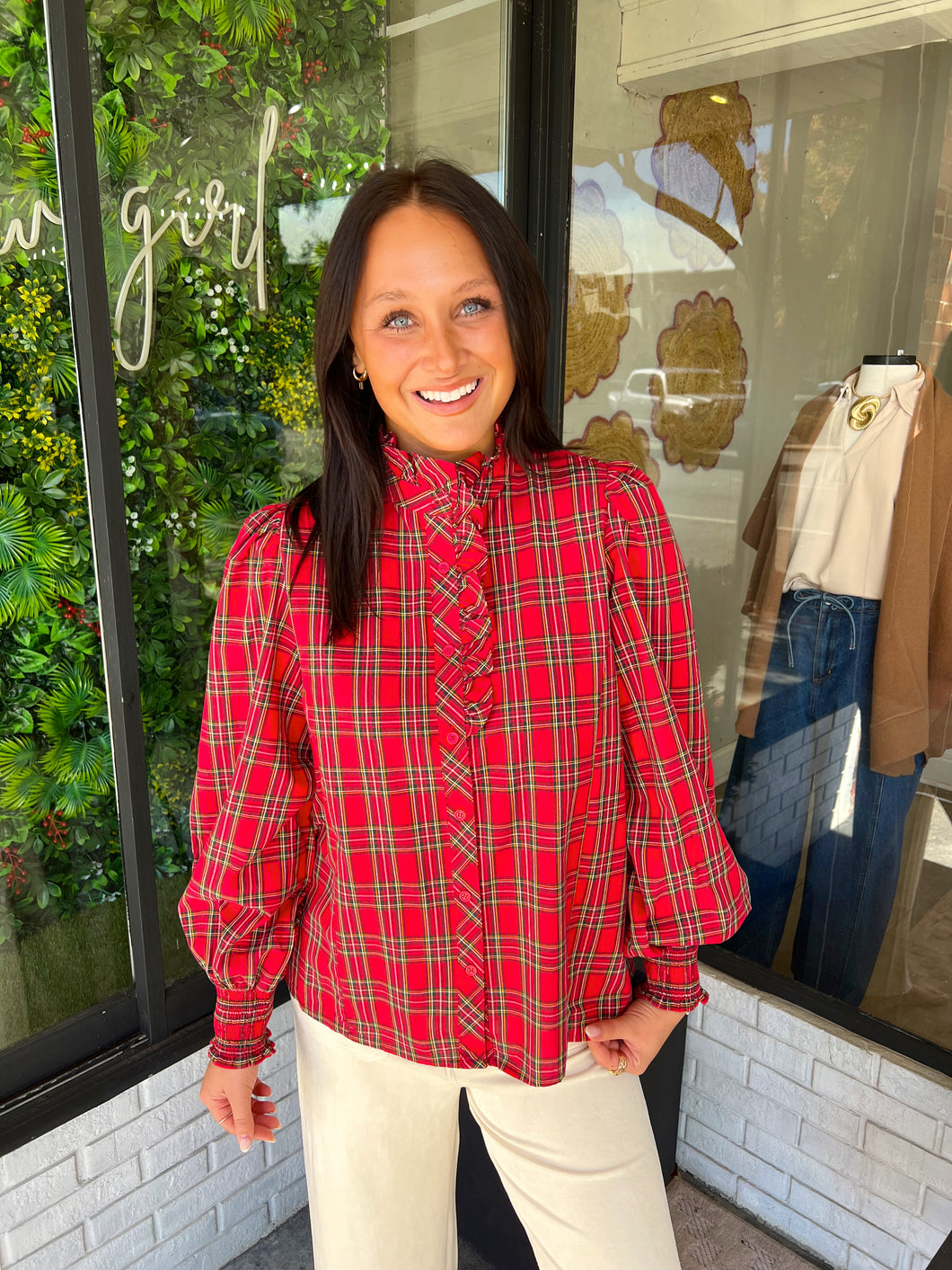 Erica Plaid Button Up Ruffle Neck Top -Red