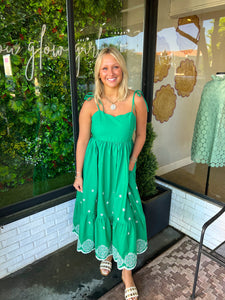 Summer Embroidered Scallop Trim Midi Dress- Kelly Green