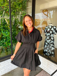 Hunter Pleated Button Up Mini Dress- Black