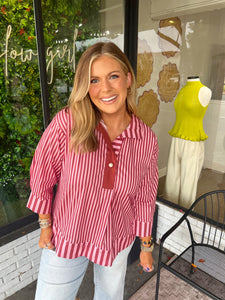 Lottie Striped Pearl Accent Top- Burgundy