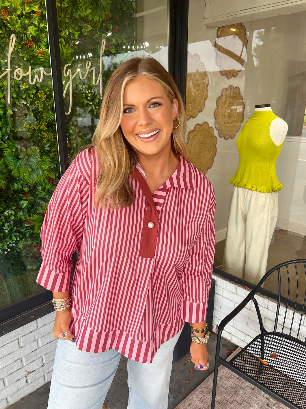 Lottie Striped Pearl Accent Top- Burgundy