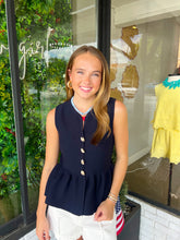 Load image into Gallery viewer, Landry Button Up V-Neck Peplum Top- Navy
