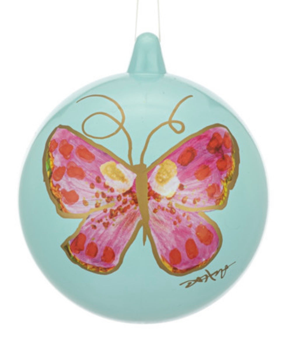 Mint Green Pink Butterfly Painted Ornament