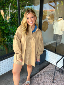 Camryn Button Up Poplin Shirt Dress- Mocha