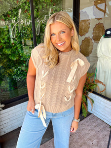Carsen Cable Knit Ribbon Sweater- Tan