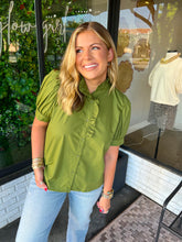 Load image into Gallery viewer, Layne Button Up Ruffle Neck Top- Olive
