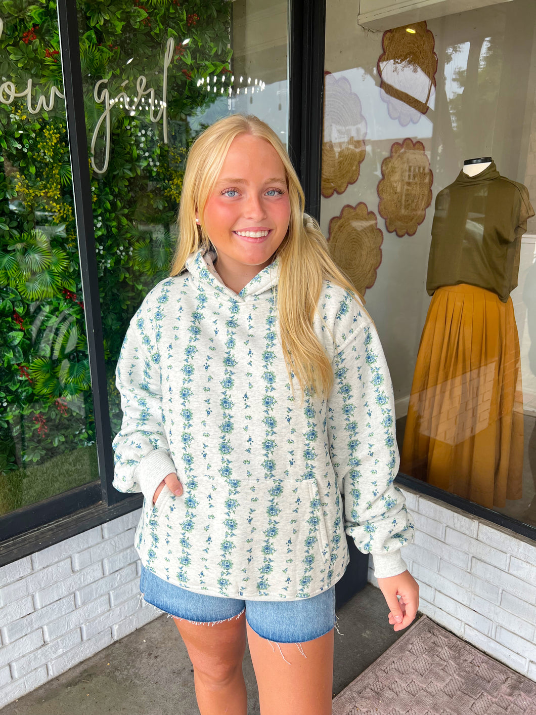 Lane Floral Printed Oversized Hoodie - Grey/Blue