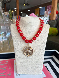 Gold Chunky Beaded Bulldog Necklace - Red