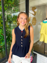 Load image into Gallery viewer, Landry Button Up V-Neck Peplum Top- Navy
