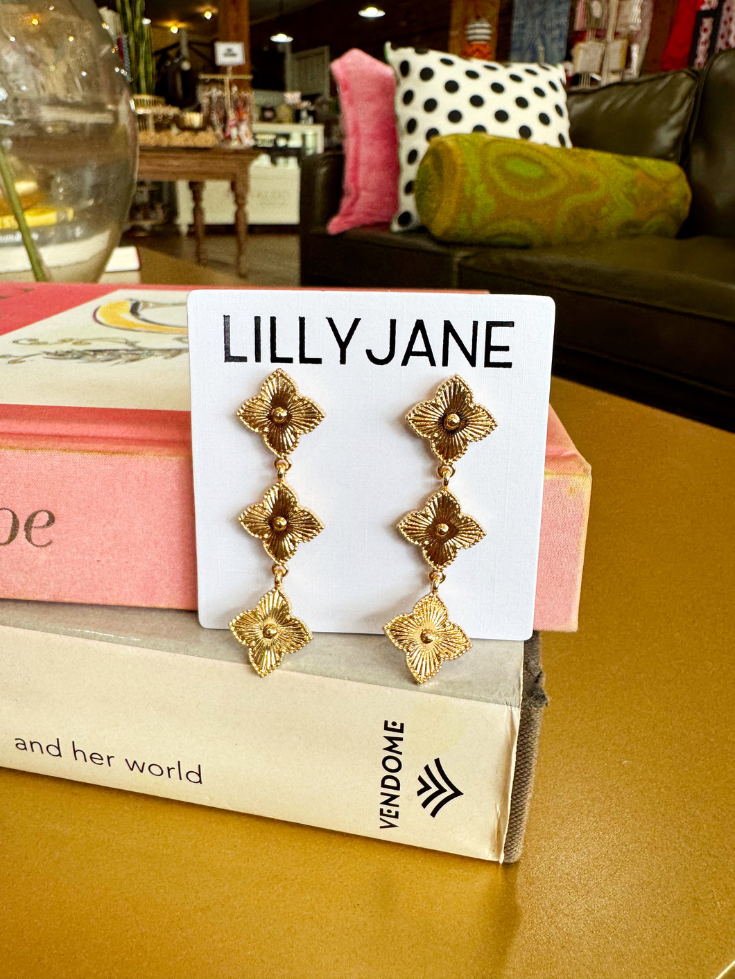 Gold Clover Textured Dangle Earrings