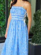 Load image into Gallery viewer, Jillian Floral Eyelet Embroidered Midi Dress- Blue
