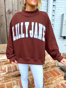 Lilly Jane Embroidered Mock Neck Sweatshirt - Brown/Blue