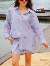 Load image into Gallery viewer, Sallie Stripe Embroidered Flag Button Up Top- Blue
