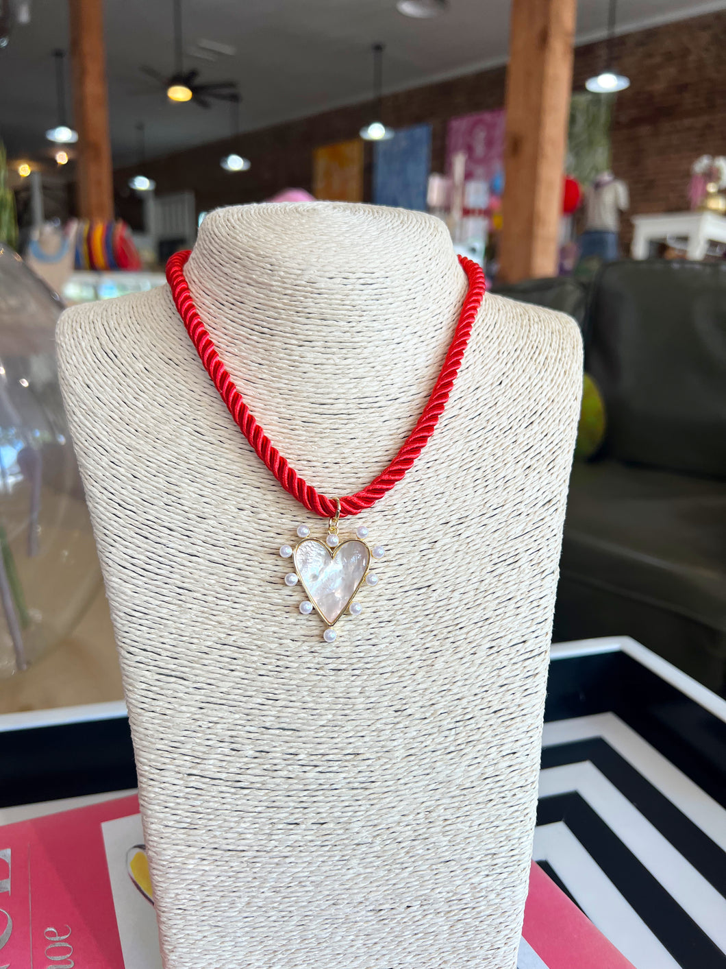 Pearl Heart Pendant Necklace - Red