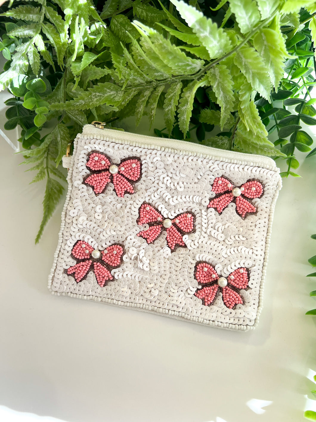 Bow Seed Bead Coin Purse-Pink/White
