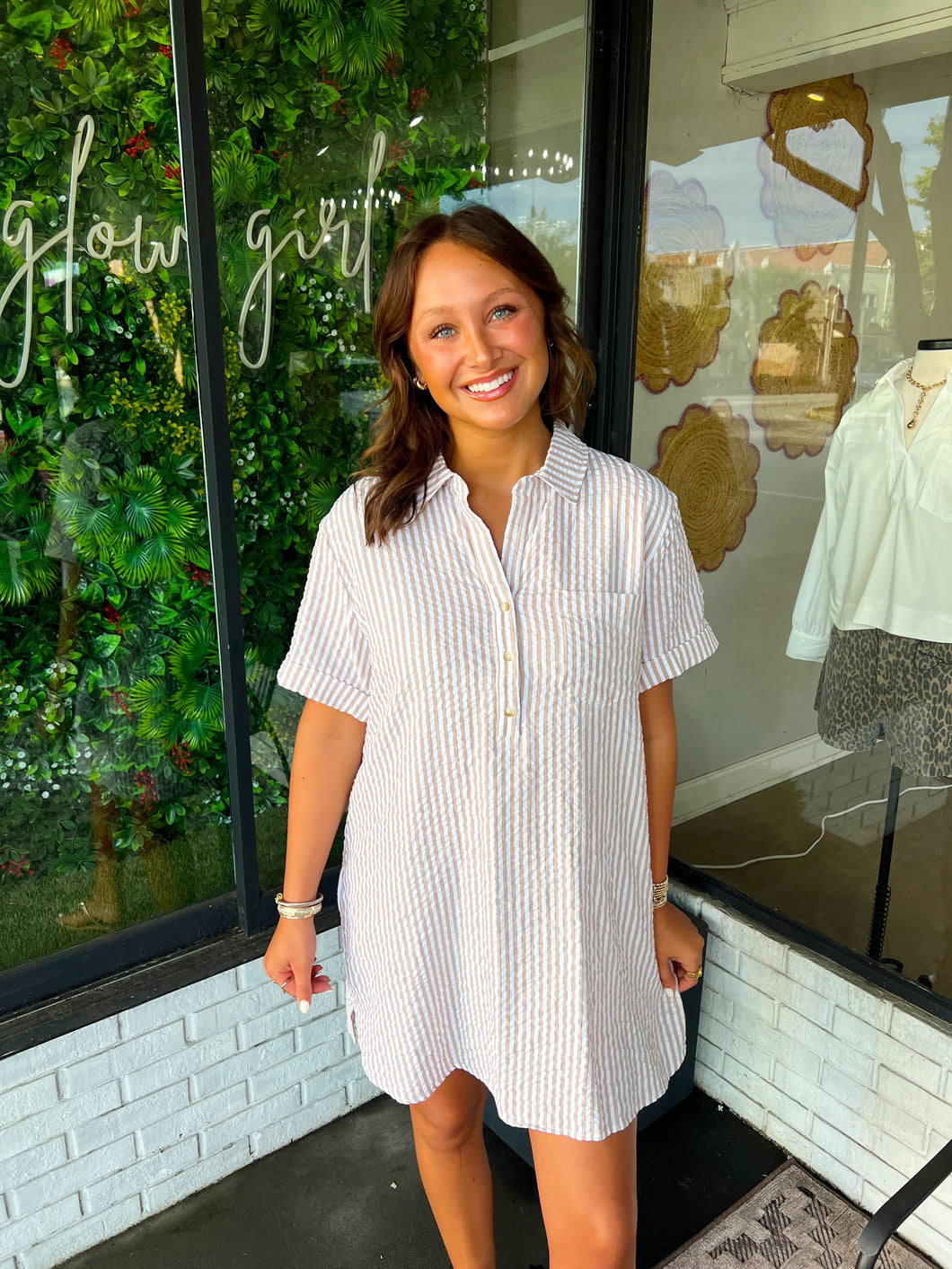 Chandler Seersucker Shirt Dress- Taupe