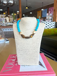 Multi Colored Stone Chunky Necklace - Teal/Brown