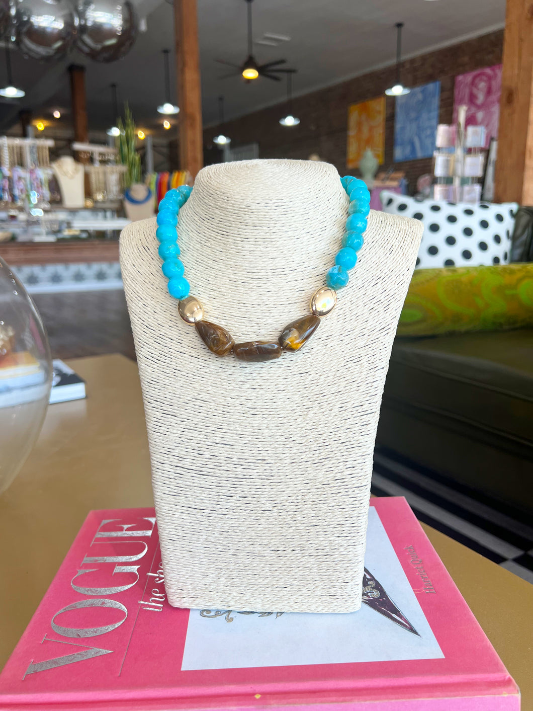 Multi Colored Stone Chunky Necklace - Teal/Brown