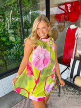 Load image into Gallery viewer, Tate Floral Ruffle Neck Mini Dress- Lime Green

