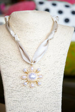 Load image into Gallery viewer, Gold Pearl Cross Pendant Scarf Necklace -Tan
