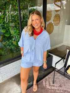 Janie Striped Button Up Short Set - Light Blue