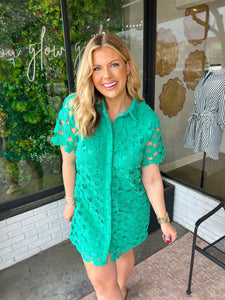 Rosie Floral Button Up Mini Dress- Emerald Green