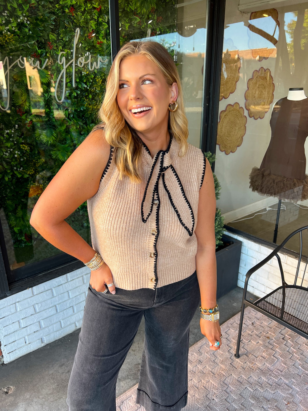 Chrissy Sleeveless Button Up Tie Knit Tank- Taupe/Black