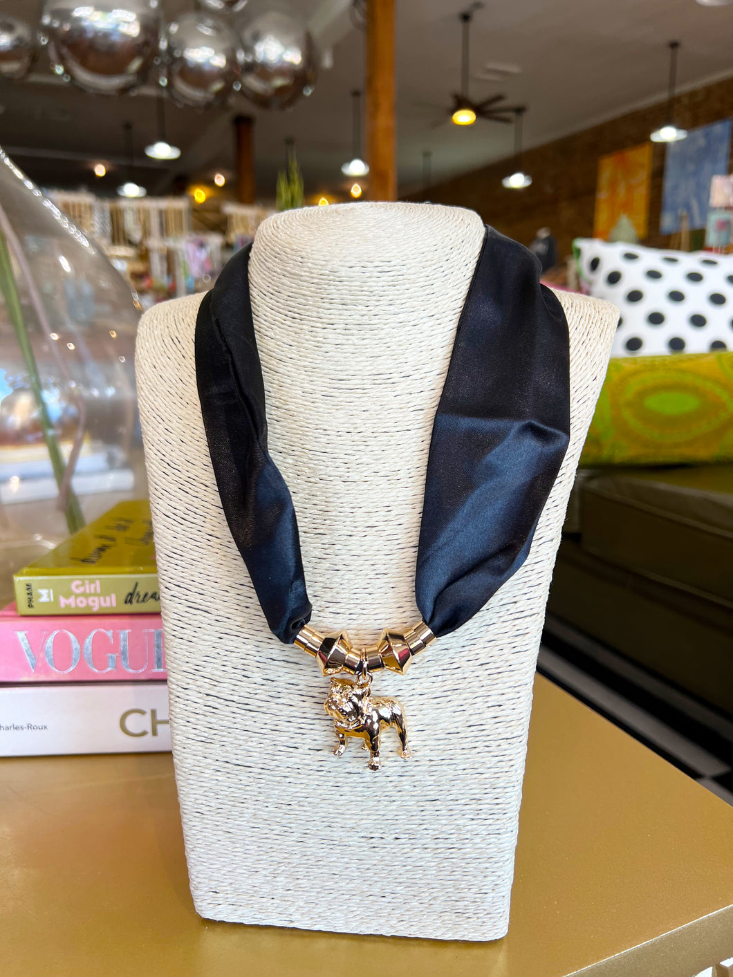 Bulldog Charm Scarf Necklace - Black