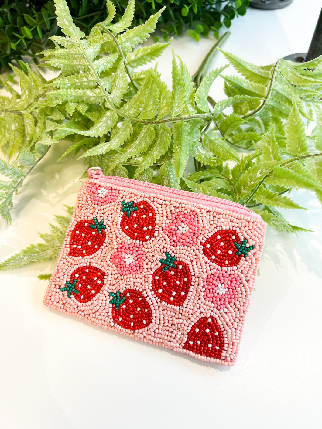 Strawberry Seed Bead Coin Purse- Light Pink