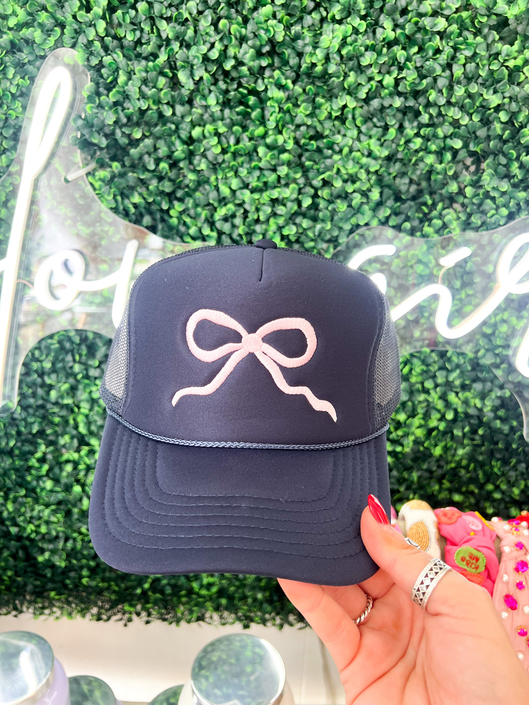 PRE ORDER : Embroidered Bow Trucker Hat- Navy