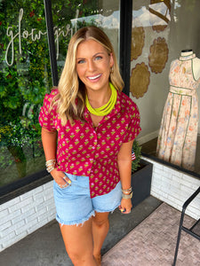 Briley Floral Patterned Button Up- Burgundy