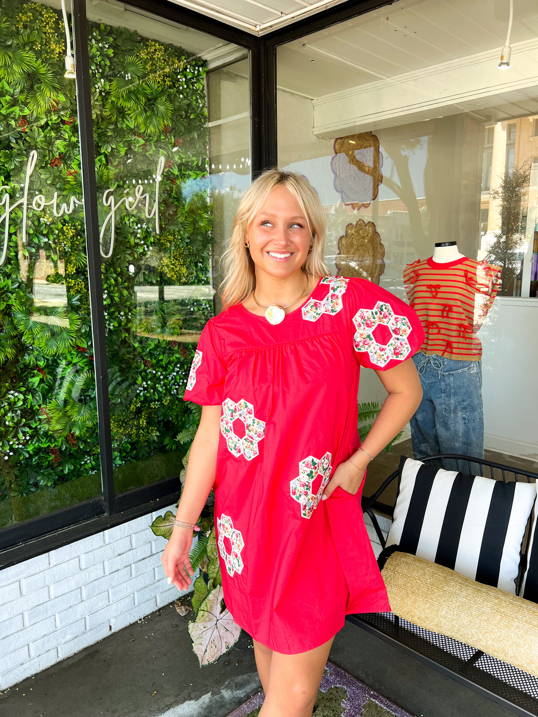 Fallon Quilted Embroidered Mini Dress- Red