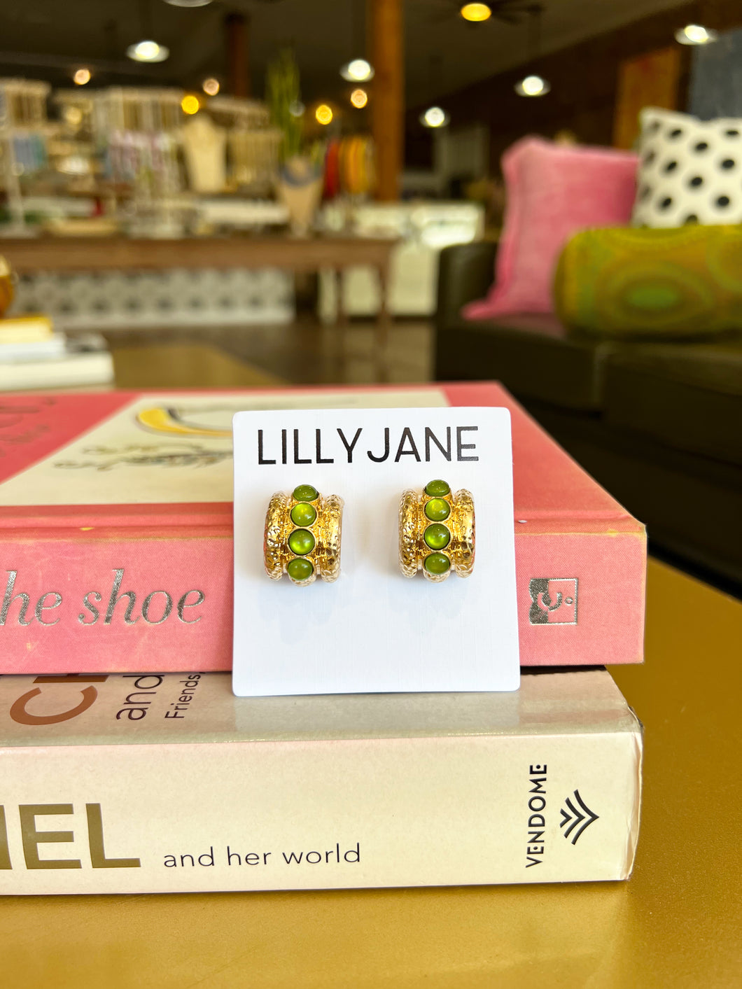 Gold Dotted Stone Hoops -Olive