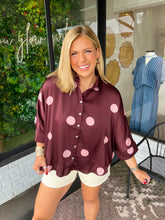 Load image into Gallery viewer, Sloane Satin Polka Dot Button Up Blouse- Burgundy

