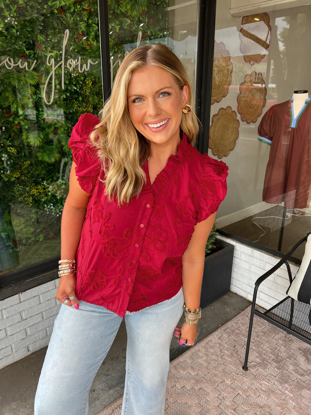 Betsy Textured Floral Button Up Top- Burgundy