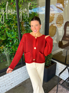 Bennett Open Knit Gold Button Up Sweater - Brick Red