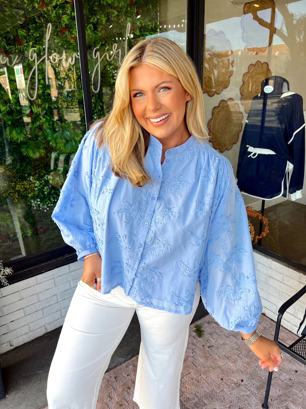 Remy Textured Floral Button Up- Sky Blue