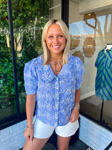 Erin Embroidered Gingham Button Up Top- Blue