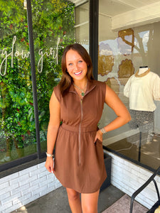 Perrin Sleeveless Zip Up Mini Dress- Brown