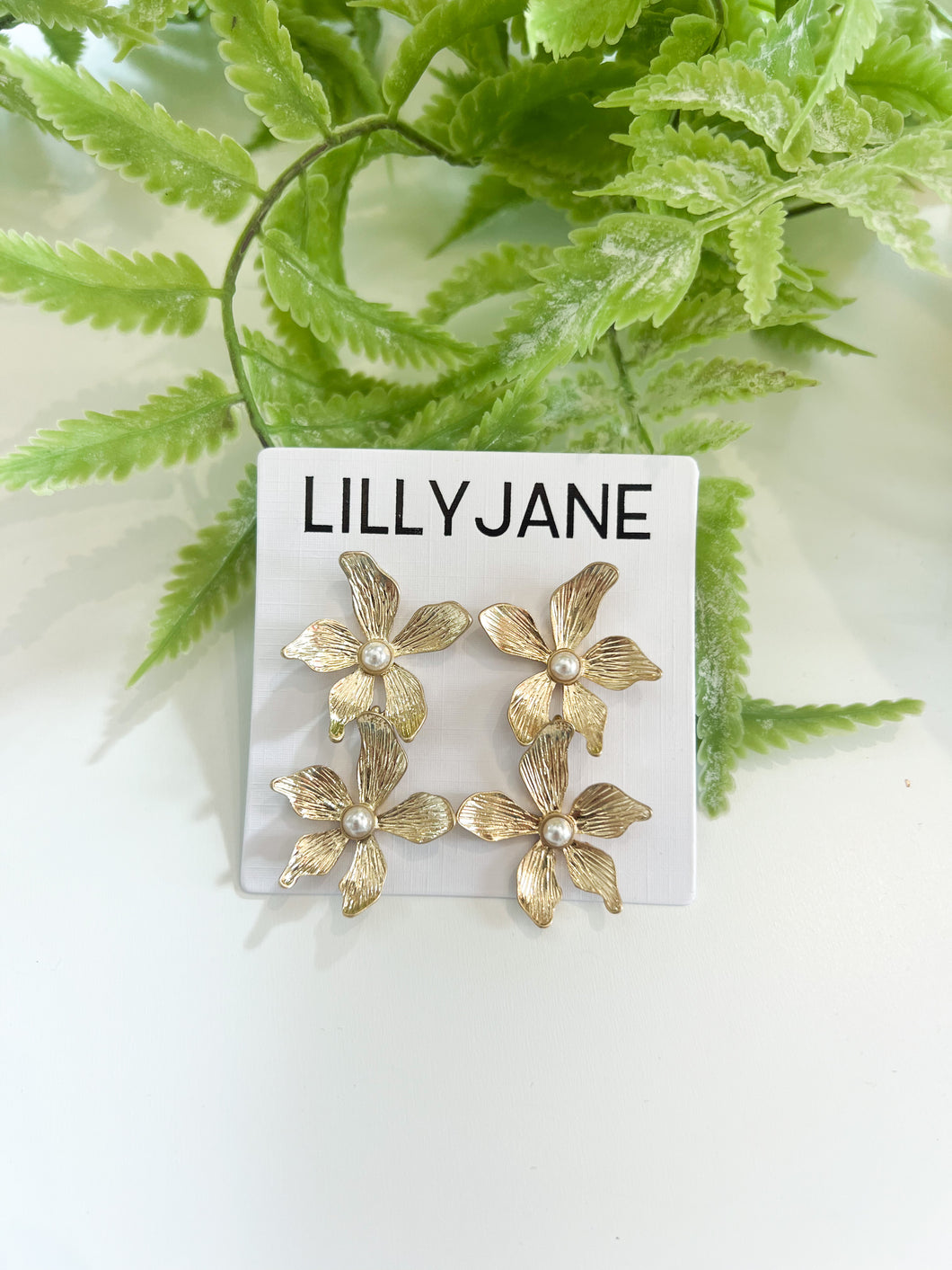 Gold Textured Flower Pearl Drop Earrings