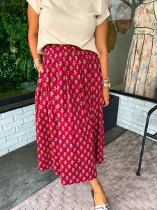 Langston Floral Printed Pleated Midi Skirt - Burgundy