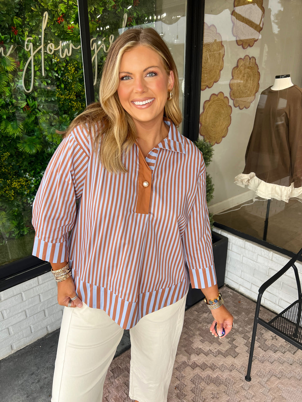 Lottie Striped Pearl Accent Top- Brown/Blue