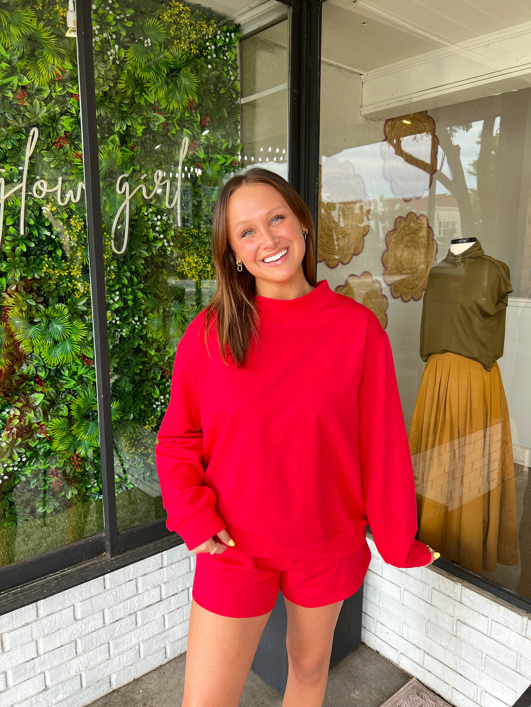 Weslyn Mock Neck Sweatshirt Short Set - Red